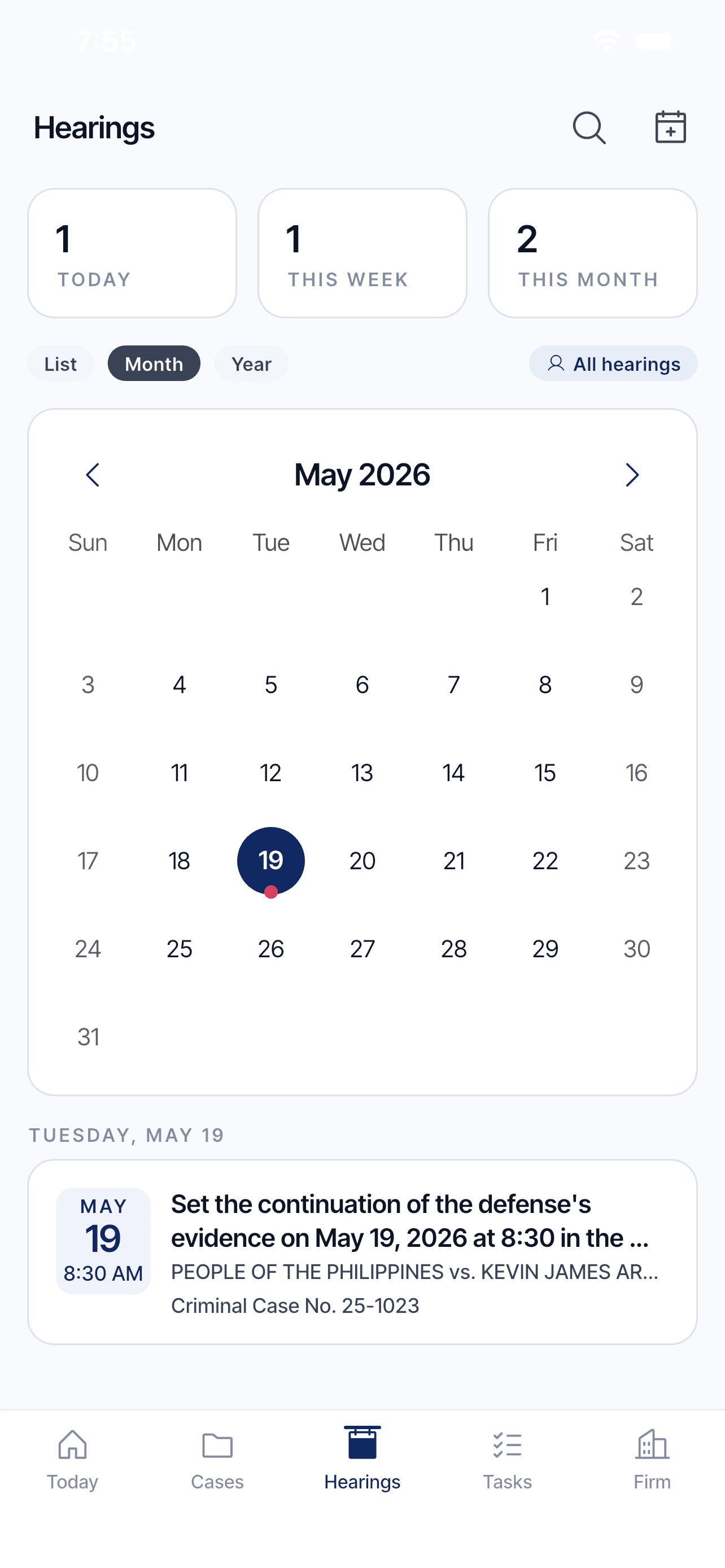 Hearings calendar with monthly view