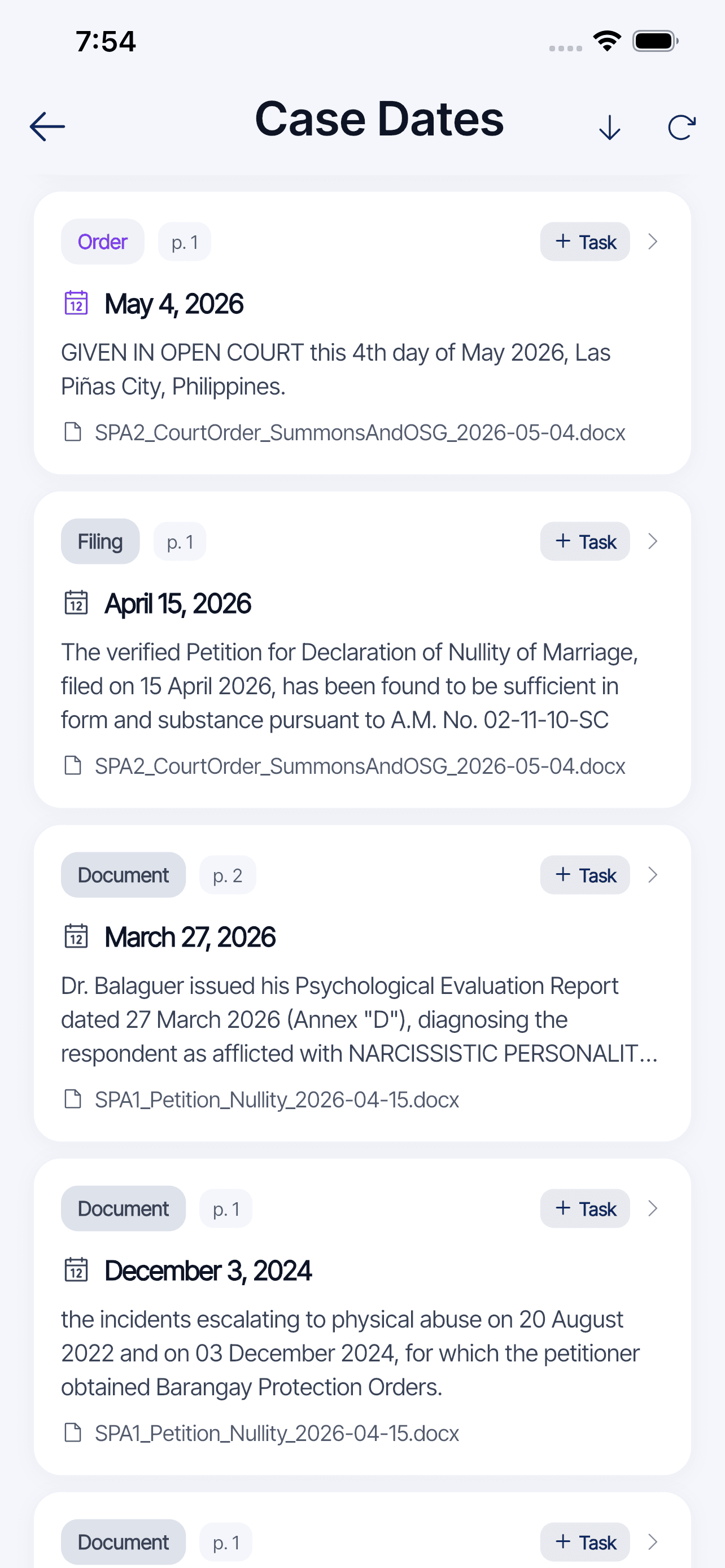 Extracted case dates linked to their source documents