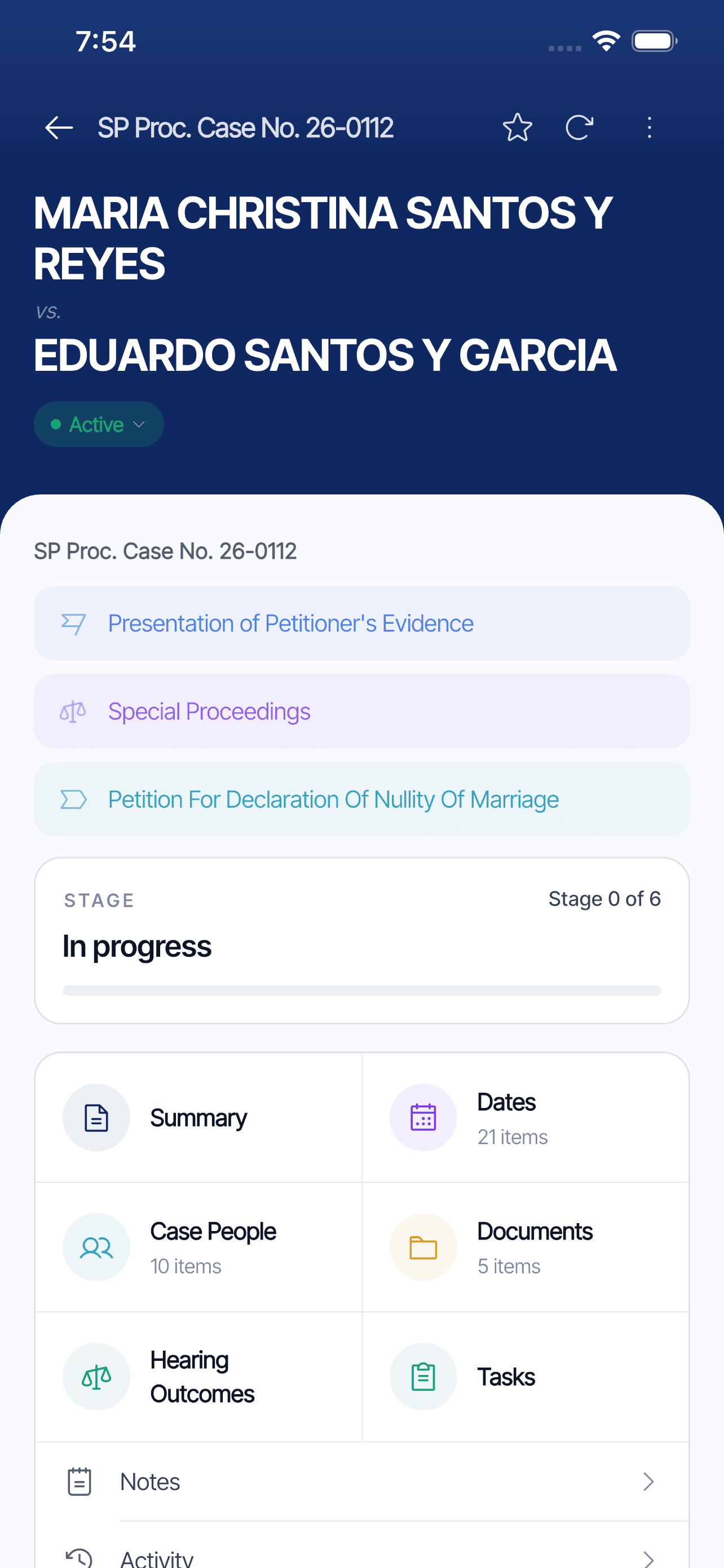Case detail hub with summary, dates, people, and documents